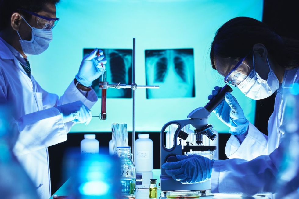 Deux scientifiques sont dans un laboratoire, l'un observe un tube à essais et l'autre regarde dans un microscope